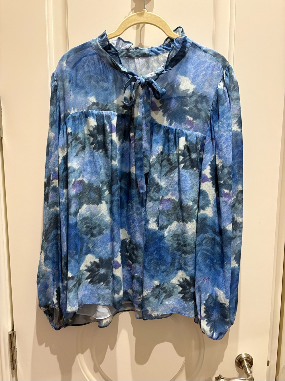 LoveShackFancy Blue Floral Tie-Neck Peasant Blouse